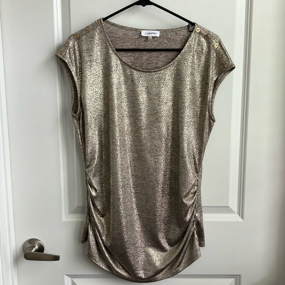 Calvin Klein Tops - Calvin Klein ruched sides bronze gold metallic top with buttons on sleeves